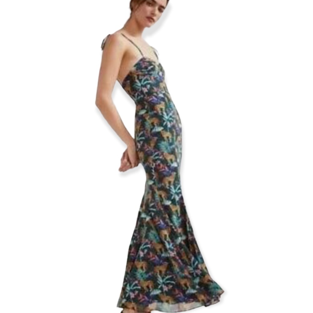 Fame & Partners x Free People Elham 2 XS Green Jungle Cheetah Floral Silky Maxi